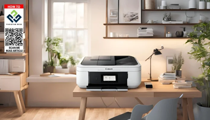 Canon printer setup process showing WiFi connection, printer features, and troubleshooting steps.
