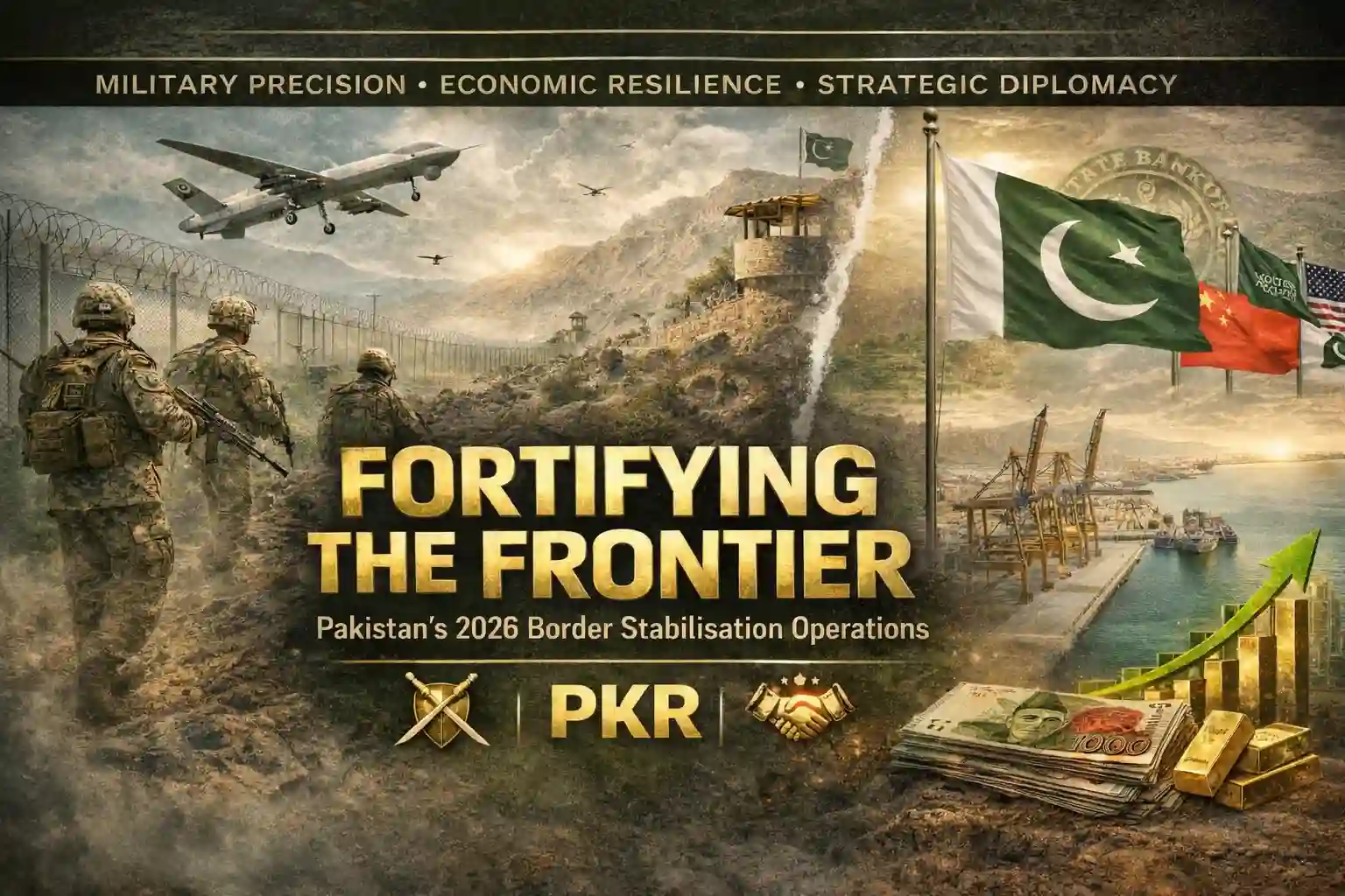 Pakistan 2026 border stabilisation operations showing military patrol along fenced Durand Line, AI surveillance drones, Gwadar port infrastructure, PKR currency, and economic growth chart.
