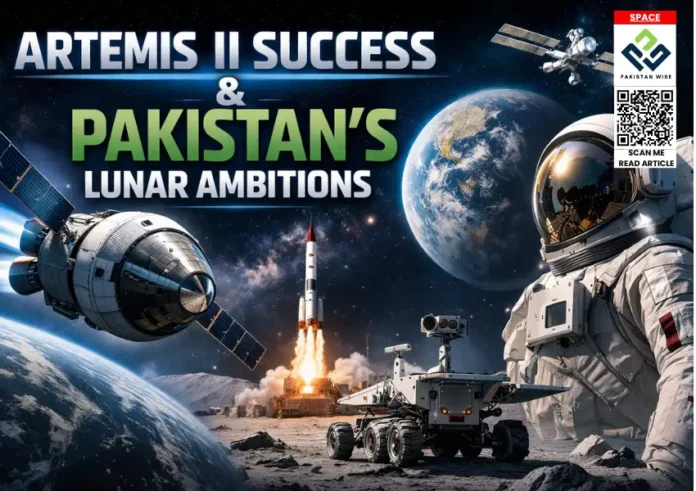Artemis II mission spacecraft with astronaut, lunar rover, and rocket launch showing Pakistan’s future lunar exploration ambitions